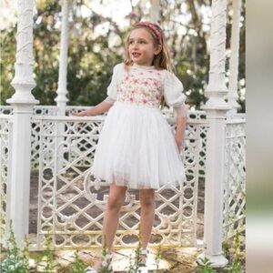 Ivy City Co White Dress with Pink and Yellow Floral Embroidery